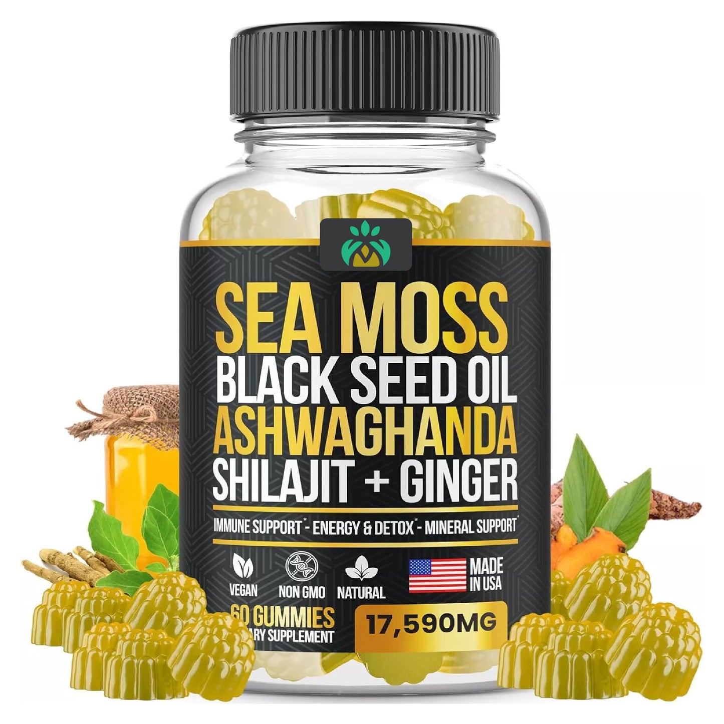 Sea Moss Gummies with Shilajit, Black Seed Oil, Ashwagandha, Ginger & Elderberry – All-in-One Wellness Support