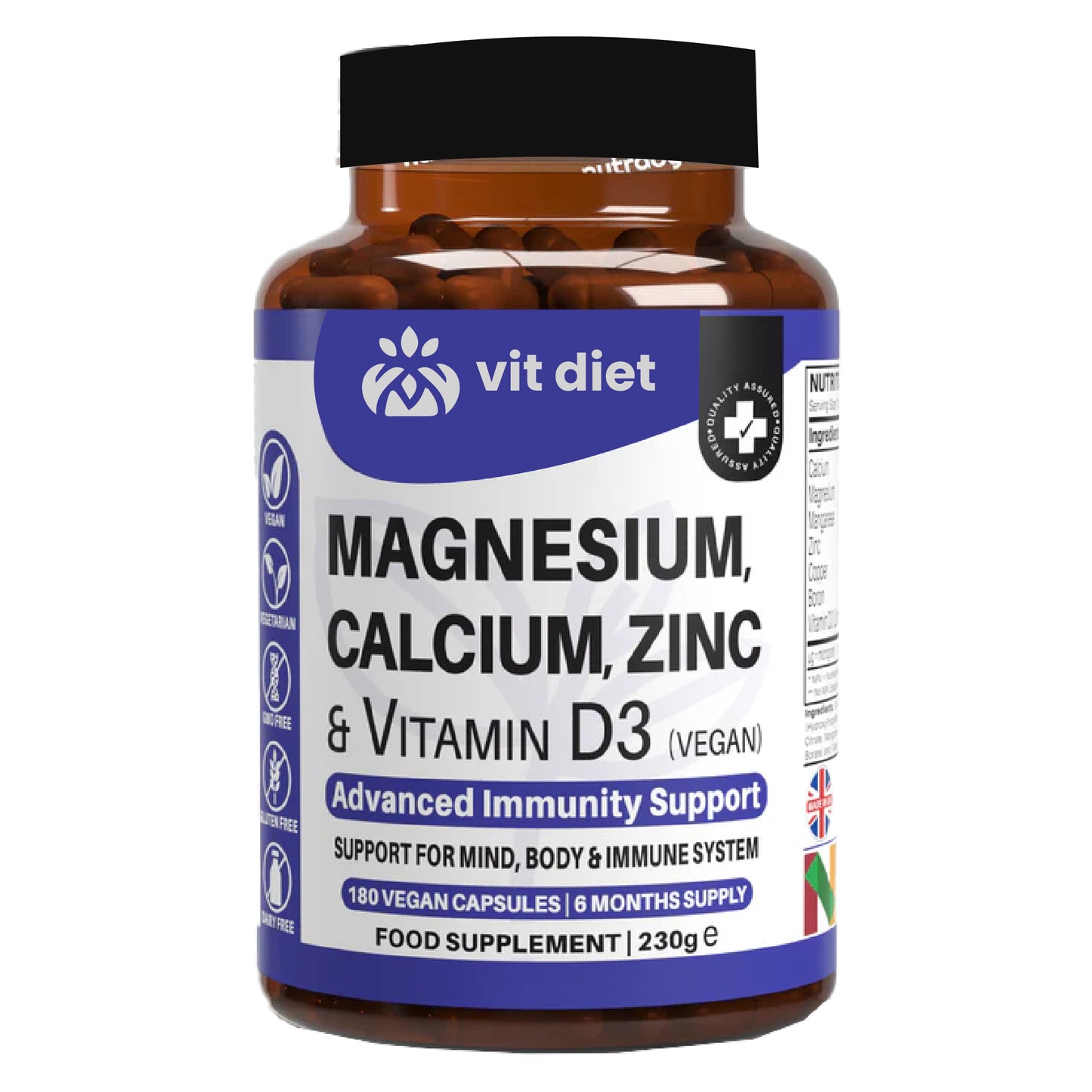 Vitdiet Magnesium, Calcium, Zinc & Vegan Vitamin D3 – 6-Month Supply
