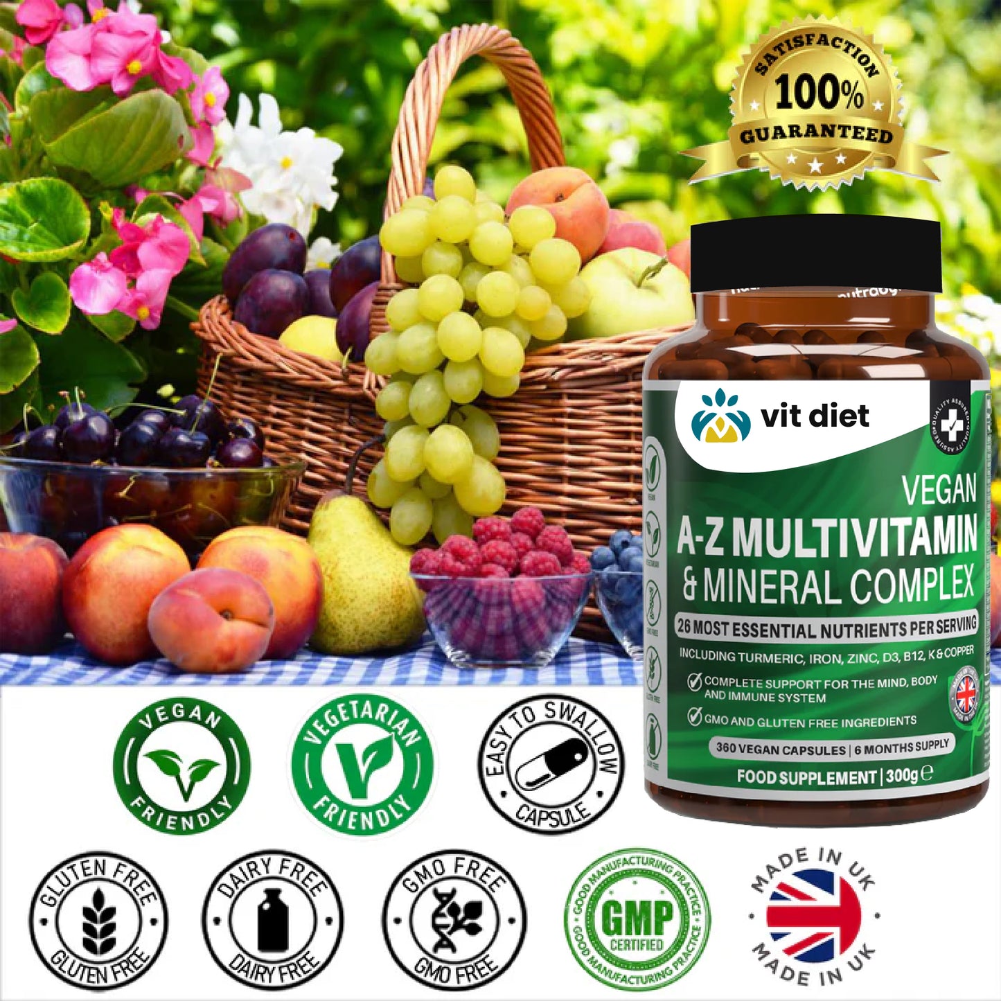 Vegan A–Z Multivitamin & Mineral Complex | 26 Essential Nutrients | Vitdiet UK