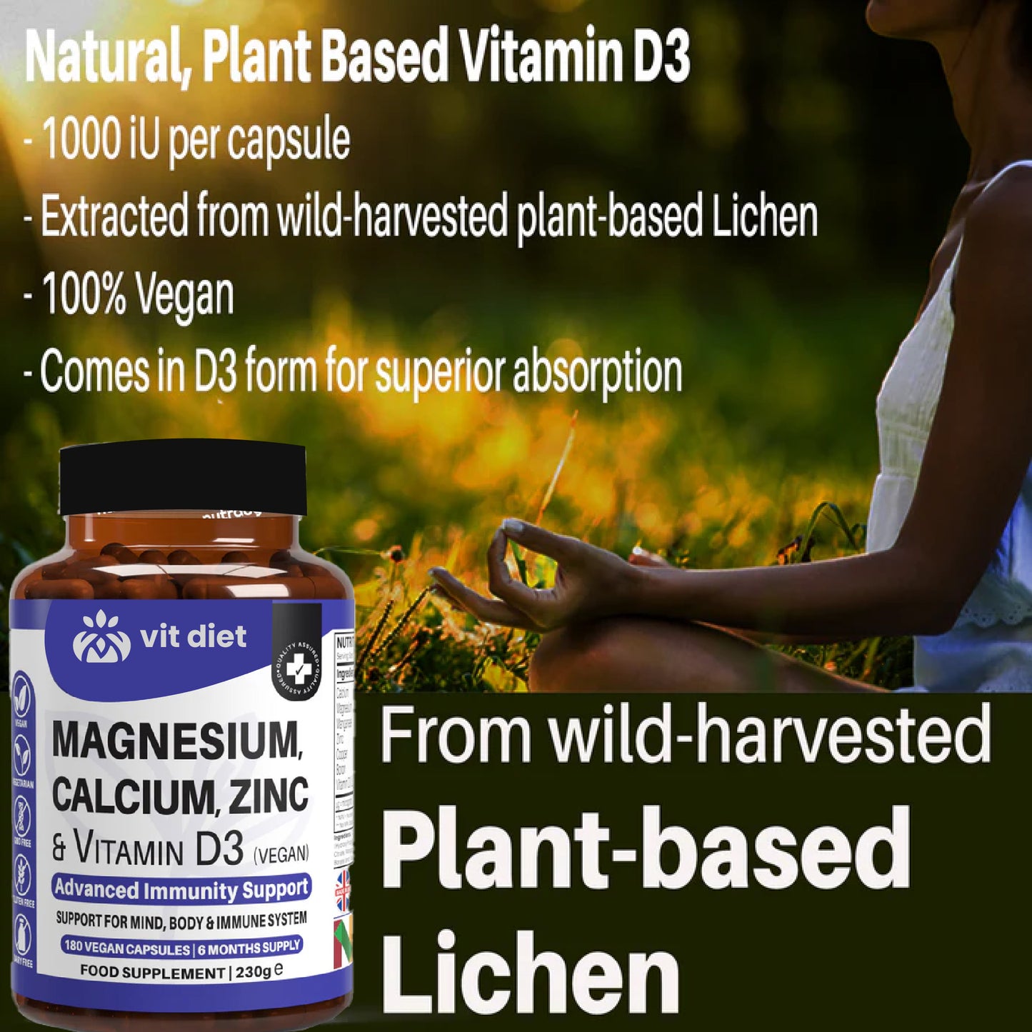 Magnesium, Calcium, Zinc & Vitamin D3 (Vegan D3) – Advanced Immunity Support | Vitdiet UK