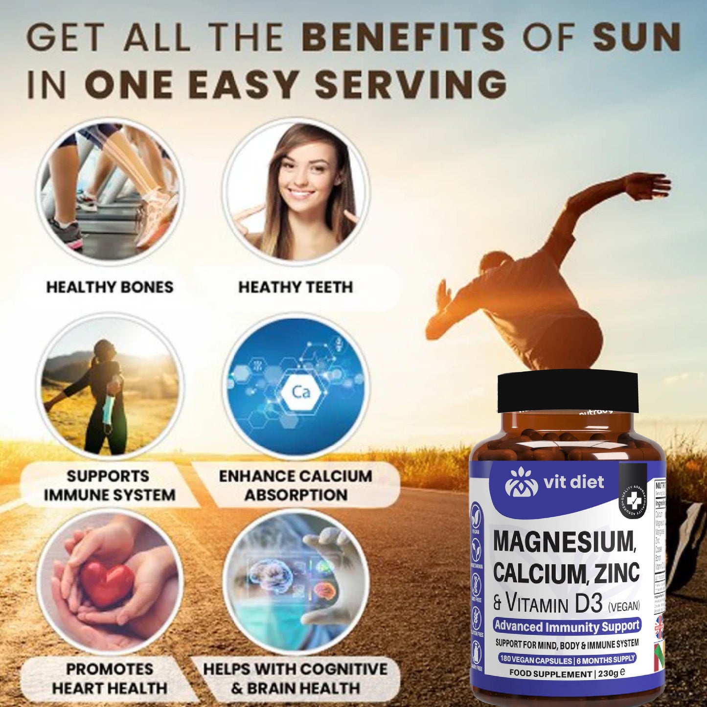 Magnesium, Calcium, Zinc & Vitamin D3 (Vegan D3) – Advanced Immunity Support | Vitdiet UK