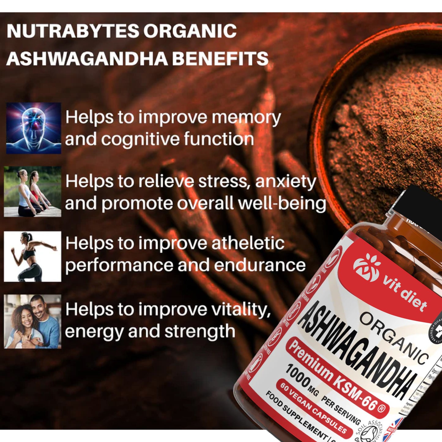 Organic Ashwagandha 1000mg with Organic Black Pepper | Vitdiet UK