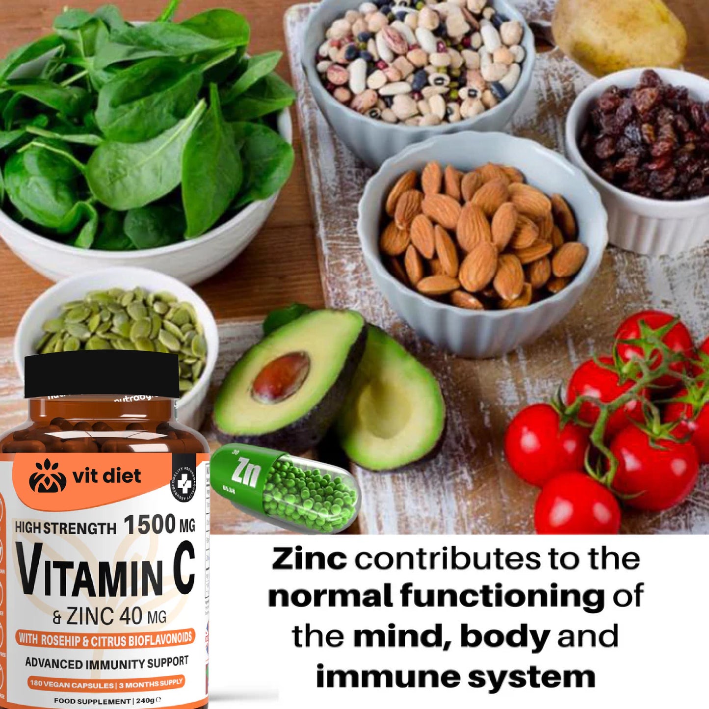 High Strength Vitamin C with Zinc – Vegan Capsules | Advanced Immunity Support | Vitdiet UK