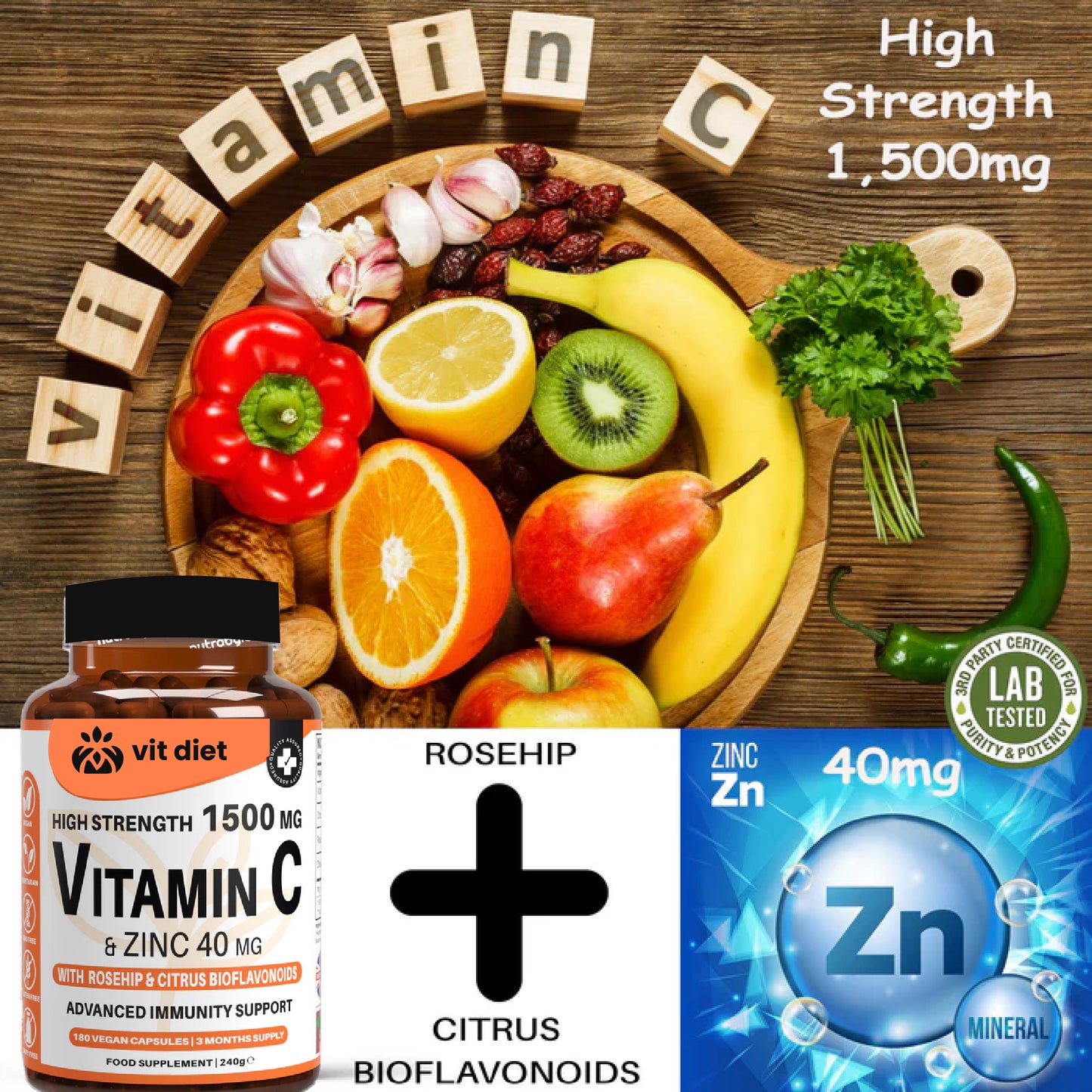 High Strength Vitamin C with Zinc – Vegan Capsules | Advanced Immunity Support | Vitdiet UK