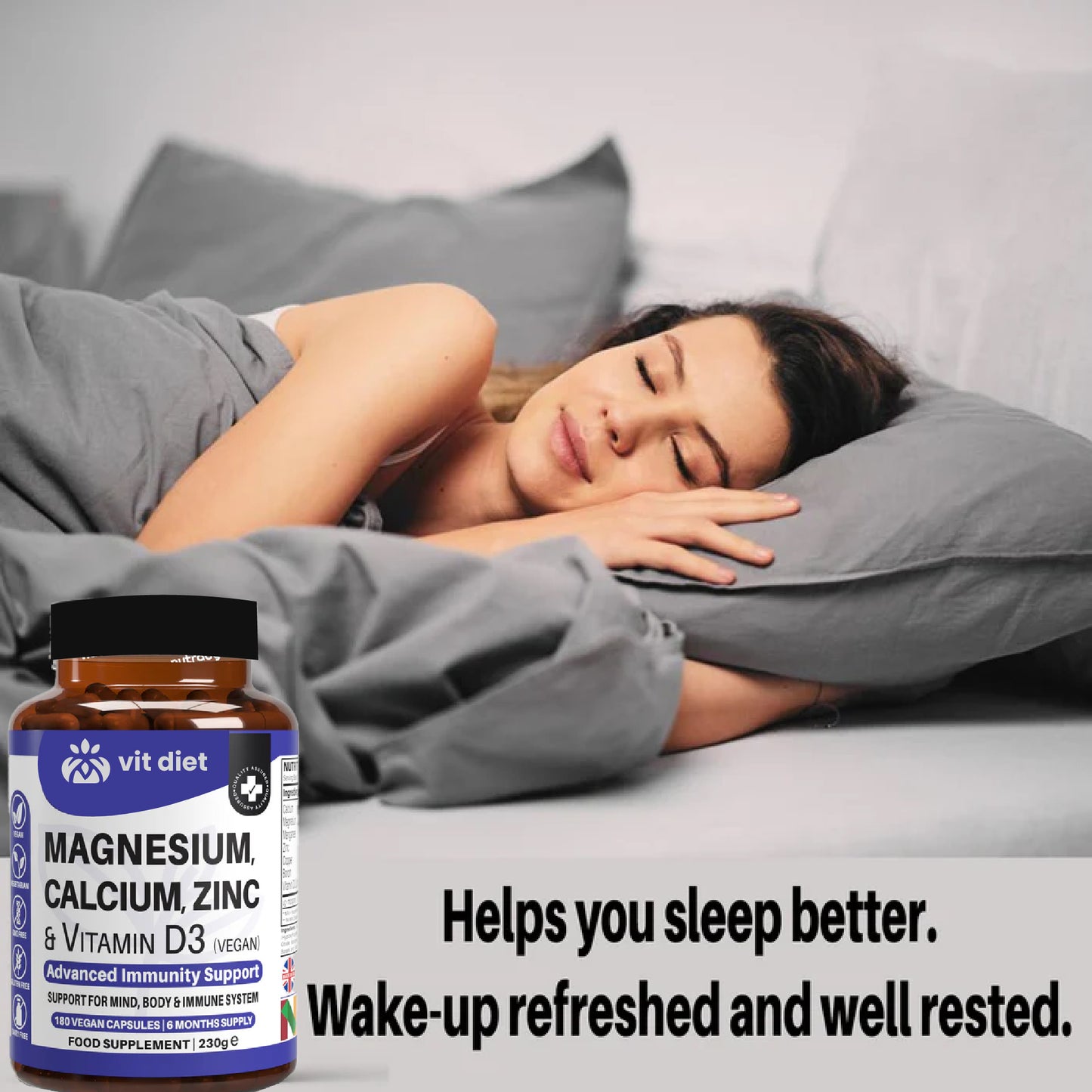Magnesium, Calcium, Zinc & Vitamin D3 (Vegan D3) – Advanced Immunity Support | Vitdiet UK